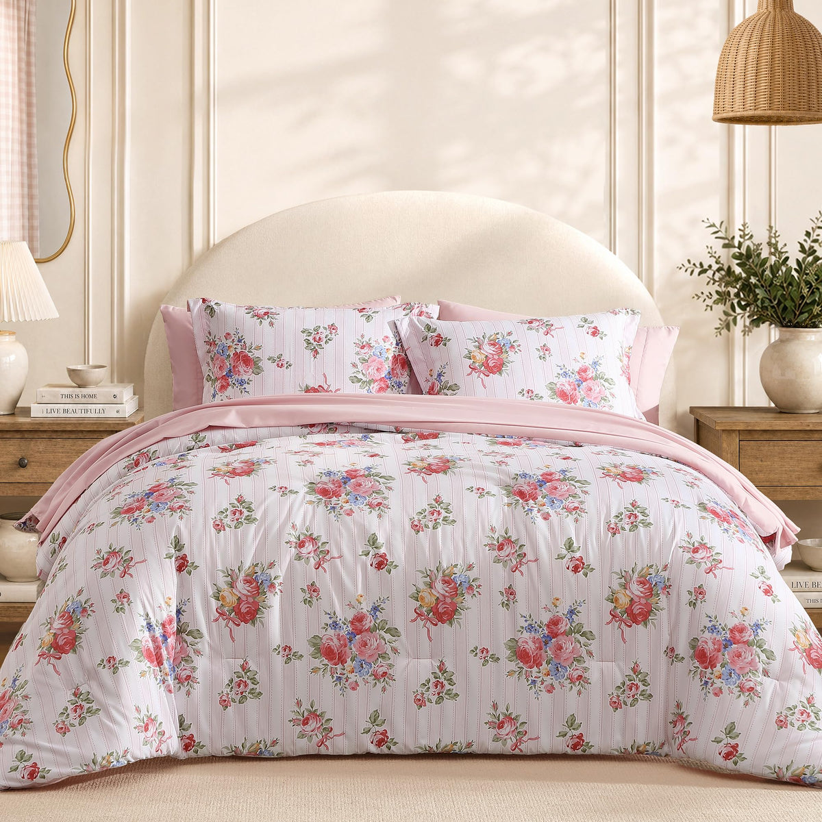 BLOOMHAVEN Queen Comforter Set-7 Pieces Blue Floral Bed in a Bag Queen