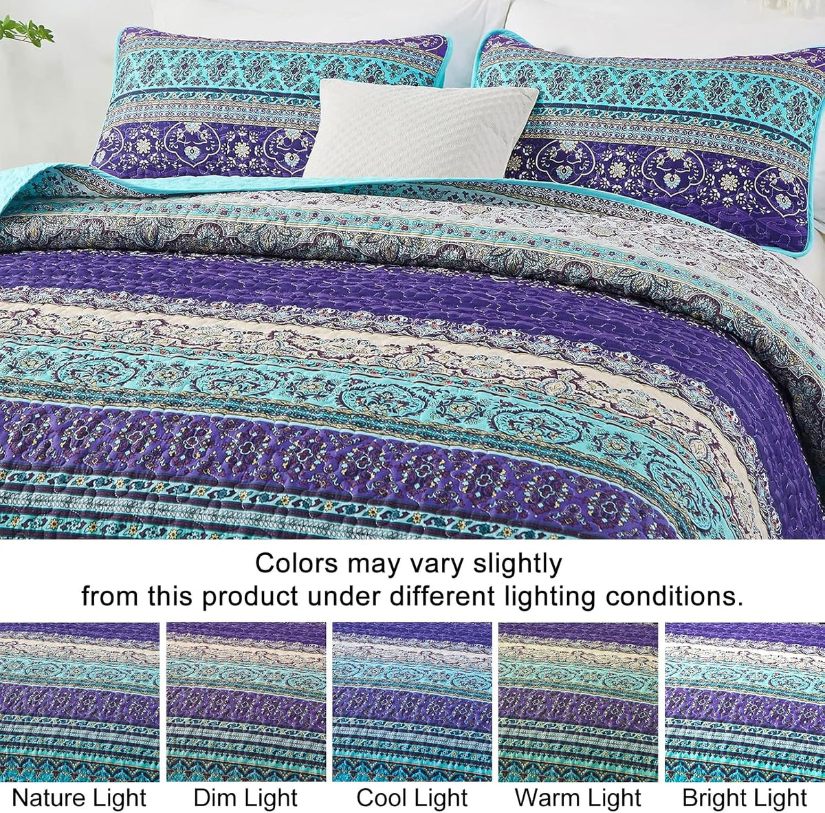 WONGS BEDDING Boho King Quilt Bedding Set, 3 Pieces Soft Bedspread,Blue