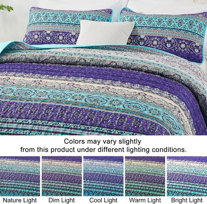 WONGS BEDDING Boho King Quilt Bedding Set, 3 Pieces Soft Bedspread,Blue