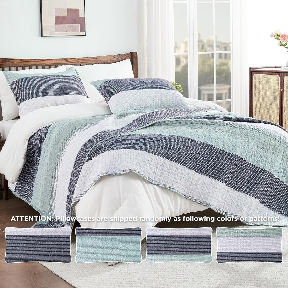 Andency King Size Quilt Set, 3 Pieces Striped Sage Green Bedspreads Set