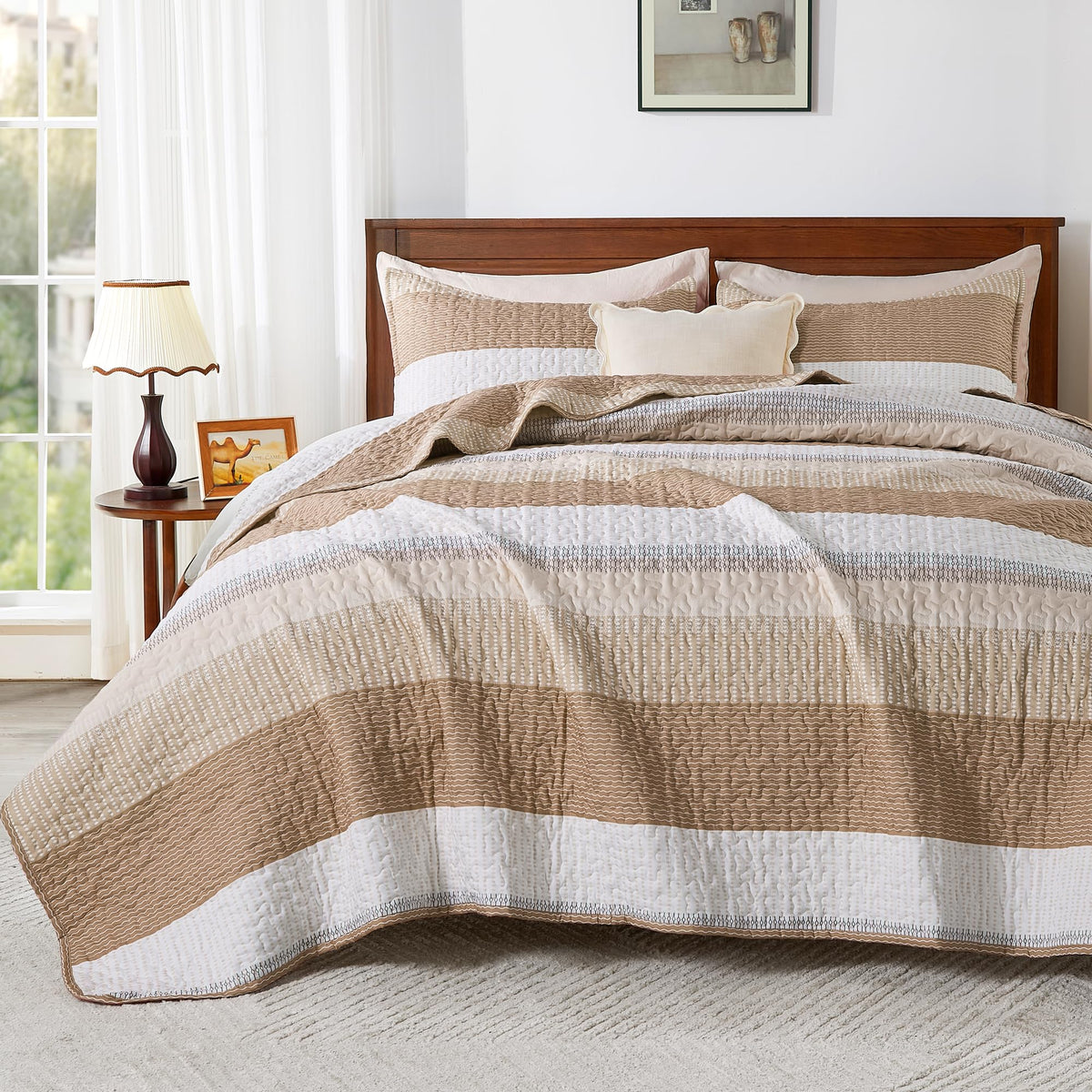 Andency Queen Quilt Bedding Set Sage Green, 3 Pieces Striped Bedspreads
