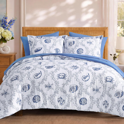 BLOOMHAVEN Queen Comforter Set-7 Pieces Blue Floral Bed in a Bag Queen