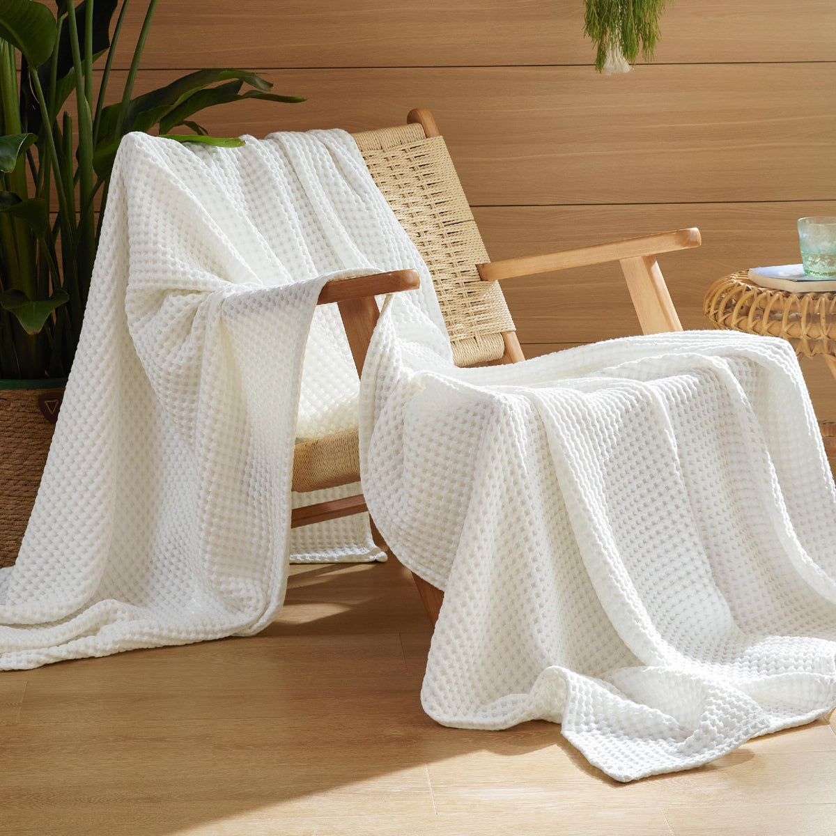 Bedsure Lightweight 100% Cotton Waffle Blanket, King, Linen