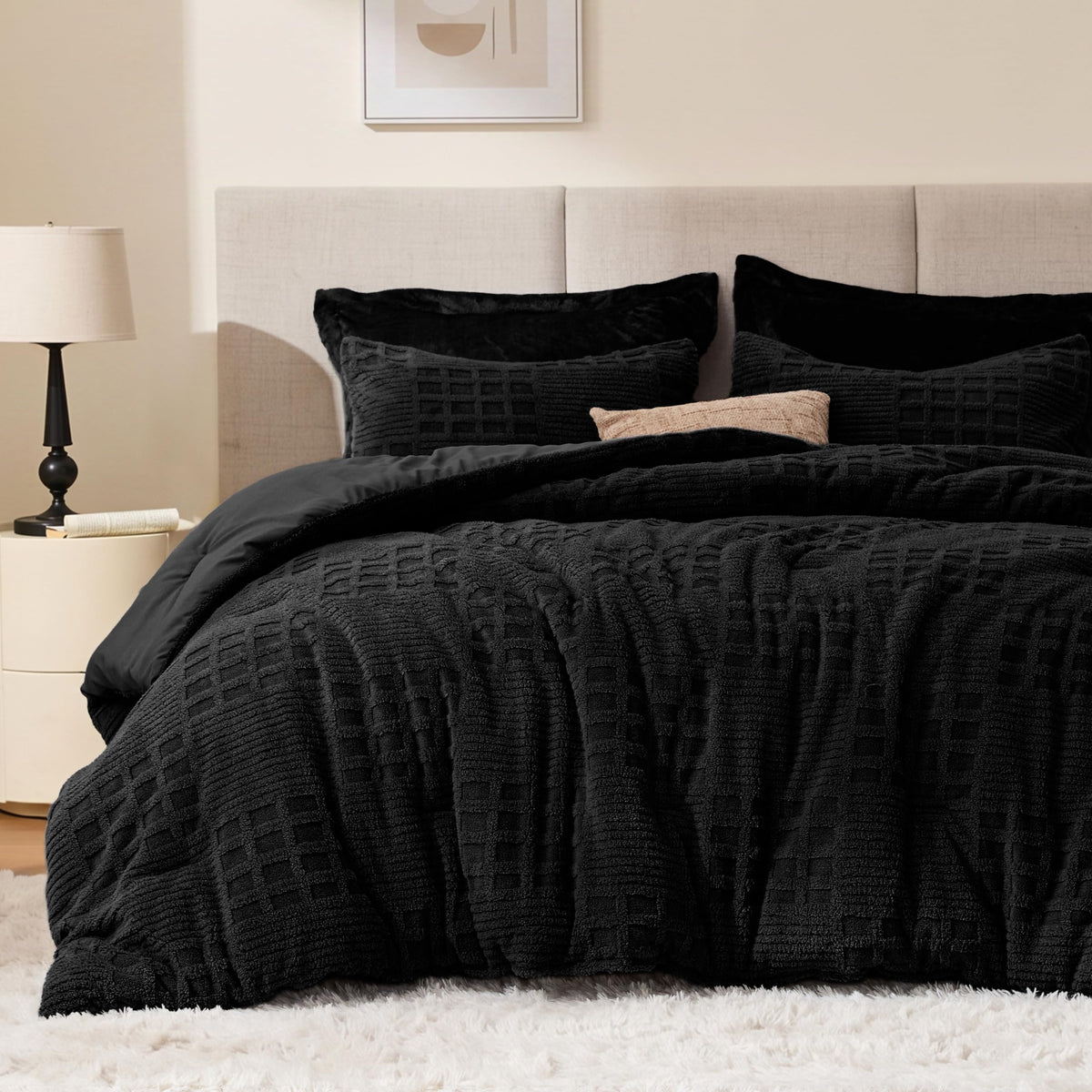 EXQ Home Fluffy Comforter Set Queen Size,3 Pieces Bed Set,Black