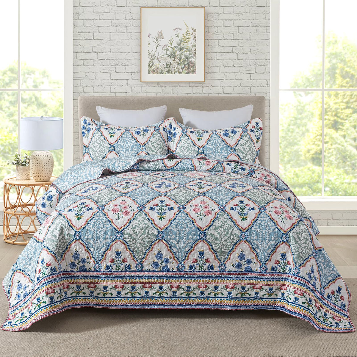 Travan 3-Piece Quilt Set Quilted Bedspread Lightweight Coverlet Set Garden Style Floral Printed Oversized Quilted Bedding Set with Shams for All Season, Exquisite, King Size