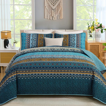 WONGS BEDDING Quilt Set King Size, Boho Stripe Bedding Set, Blue Red