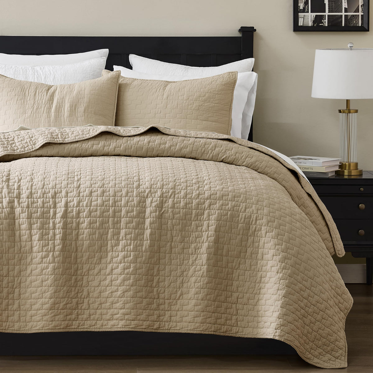 palassio Beige 100% Cotton Quilt Queen Size Bedding Sets with 2 Pillow Shams, Textured Lightweight Soft Bedspread Shabby Chic Coverlet, Neutral Quilted Comforter Bed Cover for All Season, 3 Pieces