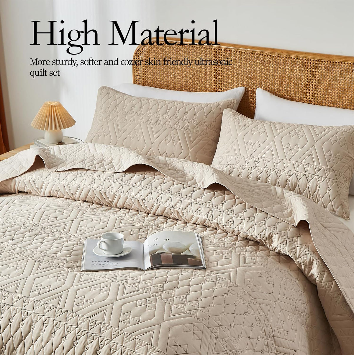 akkialla Full/Queen Size Quilt Bedding Set,Beige Lightweight Microfiber Soft Bedspread,Modern Style Geoetric Pattern Coverlet Set for All Seasons,3 Piece(1 Quilt,2 Pillow Shams)