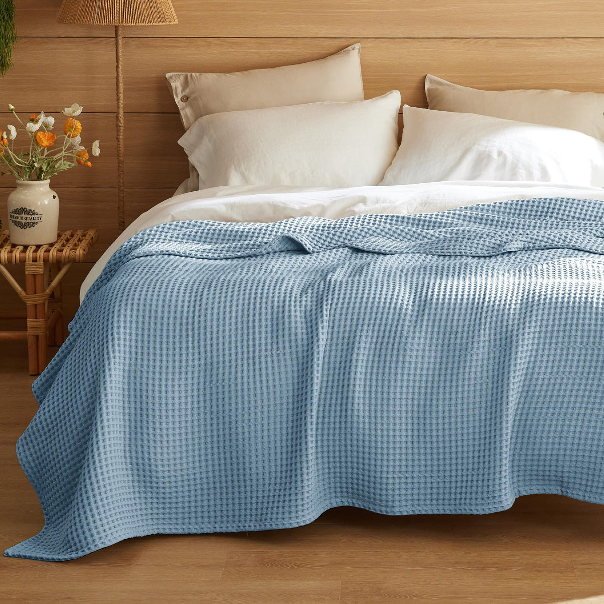 Bedsure Lightweight 100% Cotton Waffle Blanket, King, Linen