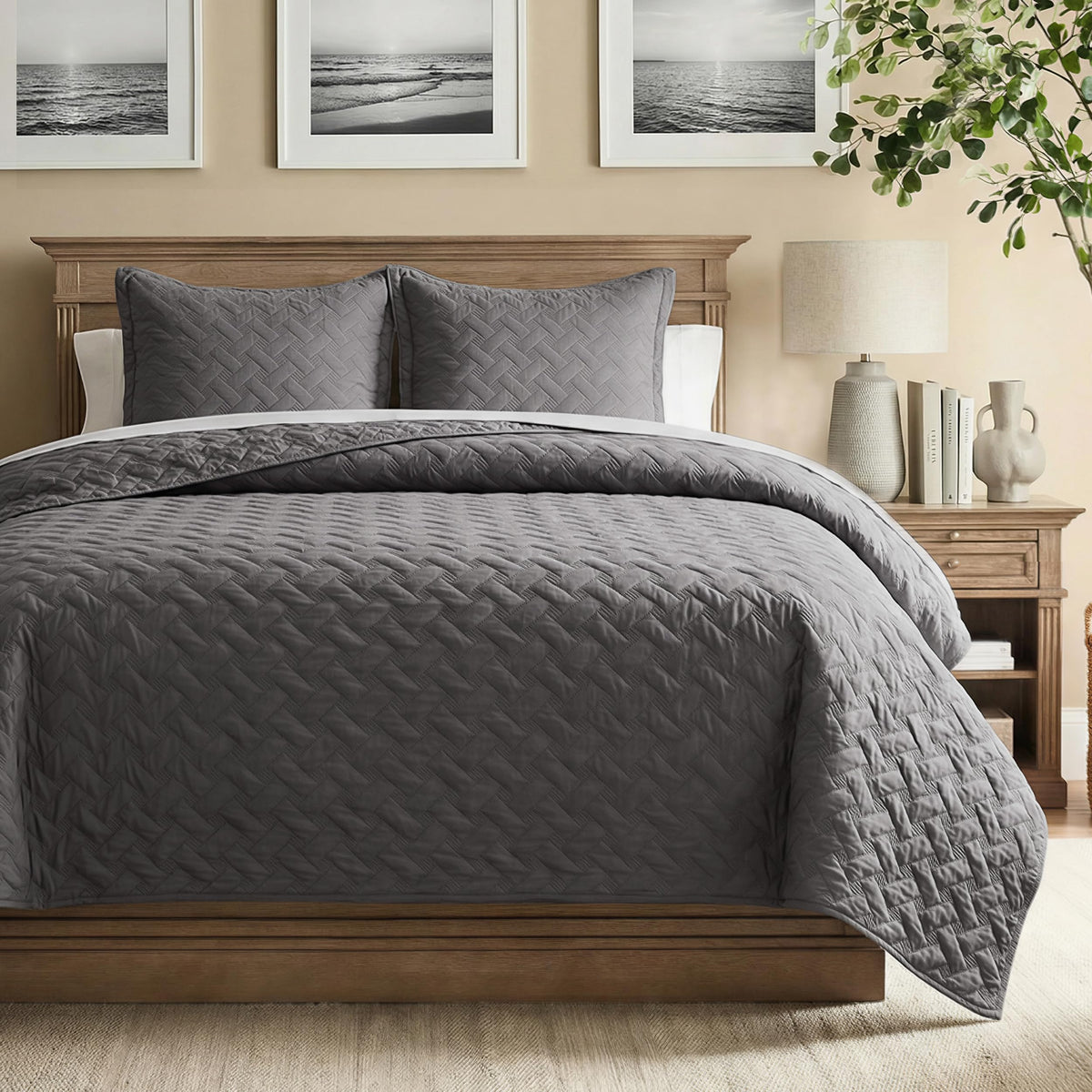 Bedsure Quilts Queen Size - Grey Bedspreads Queen Size with Basket Weave Pattern, Soft Quilt Bedding Set, Lightweight Comforter Set Coverlet for All Seasons with 2 Pillow Shams (90" x 96")