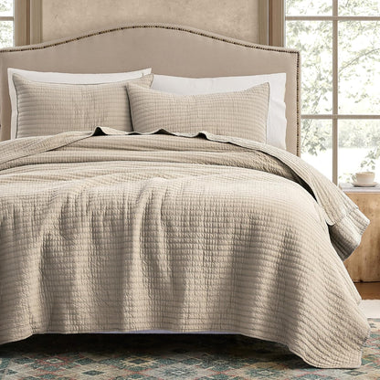 WDCOZY 100% Cotton King Size Quilt Set, Channel Pick Stitch, Beige Flax