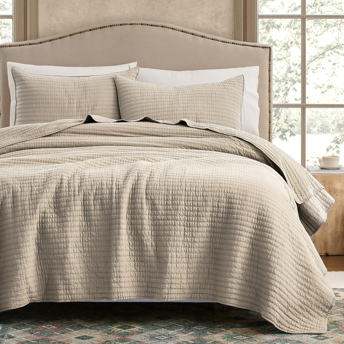 WDCOZY 100% Cotton King Size Quilt Set, Channel Pick Stitch, Beige Flax