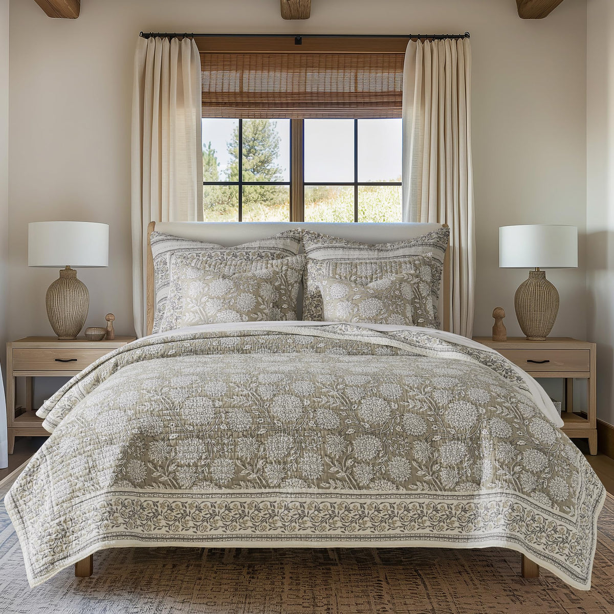 Levtex Home Adare Taupe Reversible King/Cal King Quilt Set (106x92in) and 2 Pillow Shams (36x20in) - Floral Bedding - Taupe White - Cotton King Size Quilt Bedding Set - Lightweight, Soft, Pre-Washed