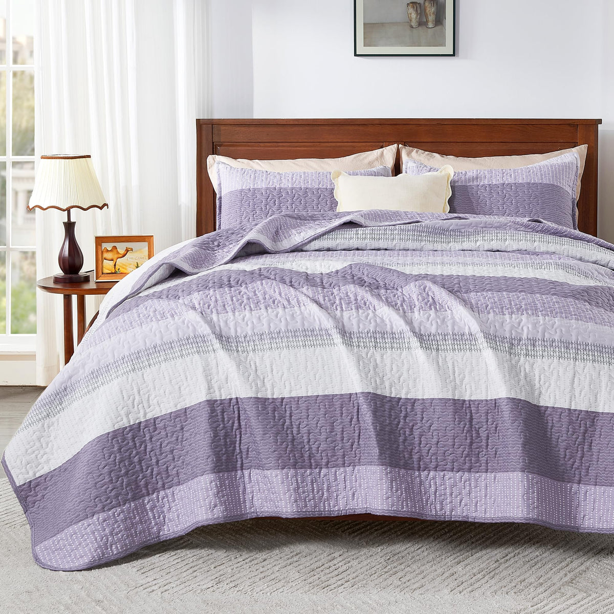 Andency Queen Quilt Bedding Set Sage Green, 3 Pieces Striped Bedspreads