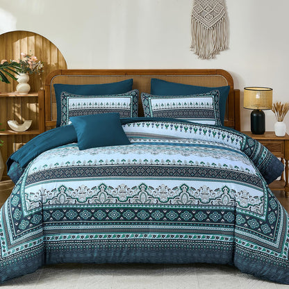 Cottolester Boho Comforter Set Queen Size 8 Piece Bed in a Bag Bohemian Striped Bedding Quilt Set Aqua Paisley Floral Comforter and Sheet Set,Soft Microfiber Complete Bedding Sets for All Season