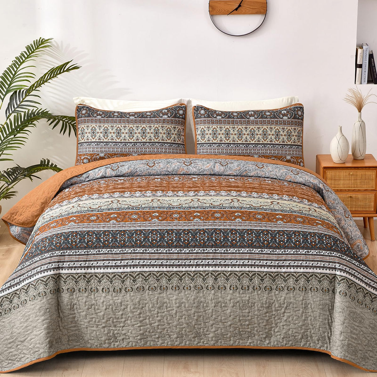 WONGS BEDDING Boho King Quilt Bedding Set, 3 Pieces Soft Bedspread,Blue