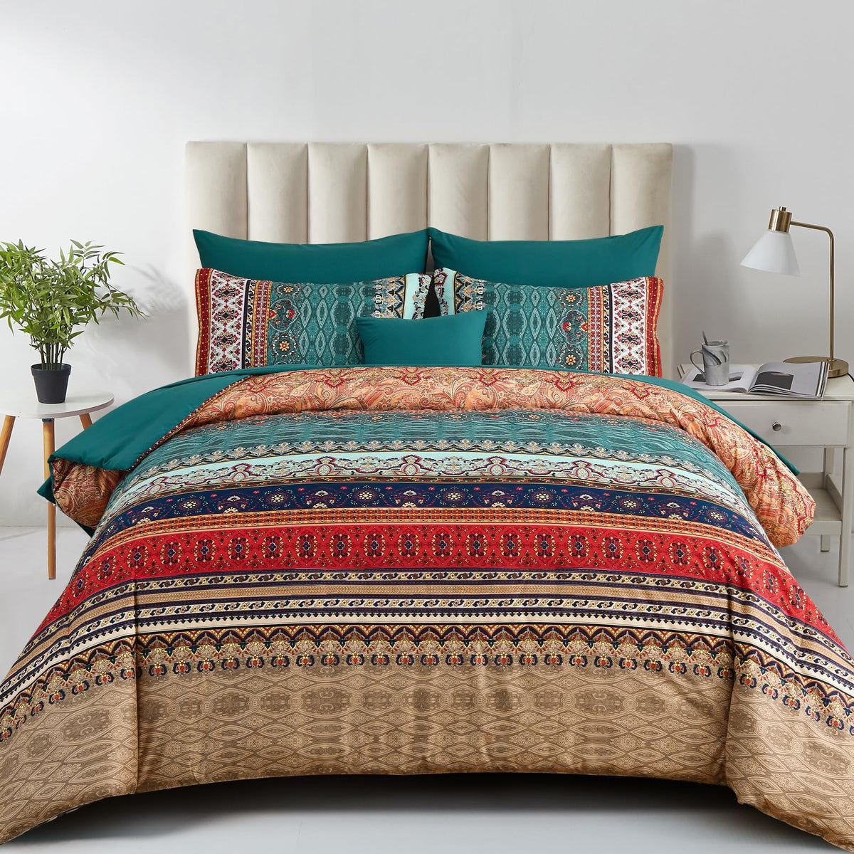 Cottolester Boho Comforter Set Queen Size 8 Piece Bed in a Bag Bohemian Striped Bedding Quilt Set Aqua Paisley Floral Comforter and Sheet Set,Soft Microfiber Complete Bedding Sets for All Season