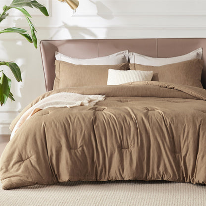 Bedsure Queen Size Comforter Sets, Beige Cationic Dyed Bedding Set 3 Pcs