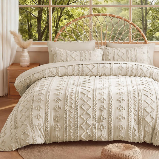 MR&HM Queen Comforter Set 7 Pieces, Fluffy Tufted Boho Beddding Set Beige