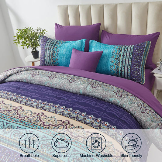 Cottolester Boho Comforter Set Queen Size 8 Piece Bed in a Bag Bohemian Striped Bedding Quilt Set Aqua Paisley Floral Comforter and Sheet Set,Soft Microfiber Complete Bedding Sets for All Season