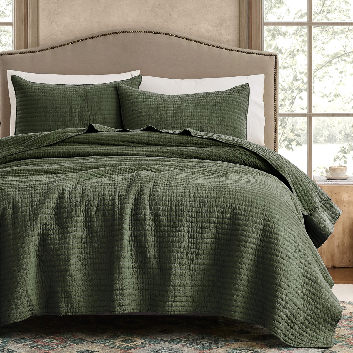 WDCOZY 100% Cotton King Size Quilt Set, Channel Pick Stitch, Beige Flax