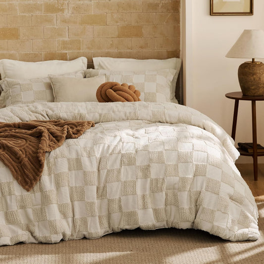 Bedsure King Size Comforter Set Boho, Vintage Plaid Bedding Set Beige 3 Pcs