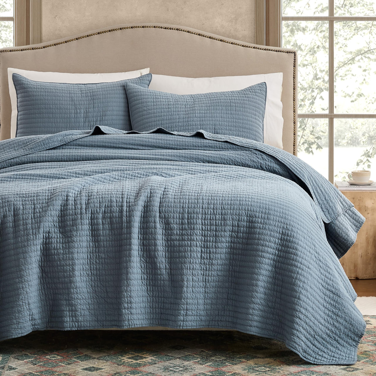 WDCOZY 100% Cotton King Size Quilt Set, Channel Pick Stitch, Beige Flax