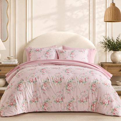BLOOMHAVEN Queen Comforter Set-7 Pieces Blue Floral Bed in a Bag Queen