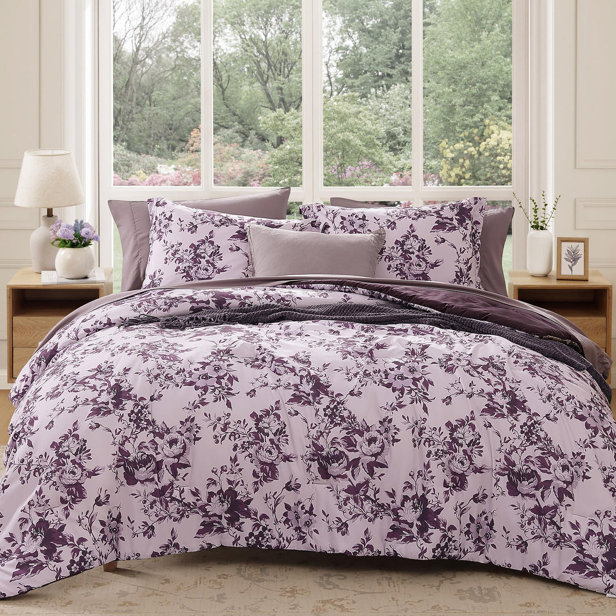 BLOOMHAVEN Queen Comforter Set-7 Pieces Blue Floral Bed in a Bag Queen