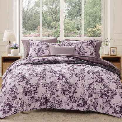 BLOOMHAVEN Queen Comforter Set-7 Pieces Blue Floral Bed in a Bag Queen