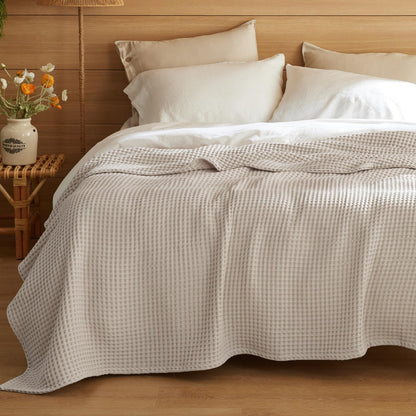 Bedsure Lightweight 100% Cotton Waffle Blanket, King, Linen