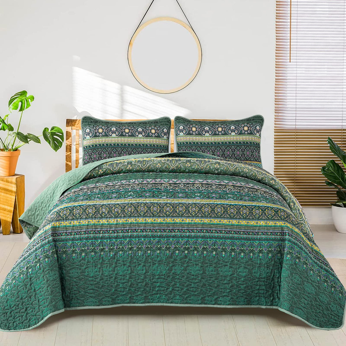 WONGS BEDDING Boho King Quilt Bedding Set, 3 Pieces Soft Bedspread,Blue