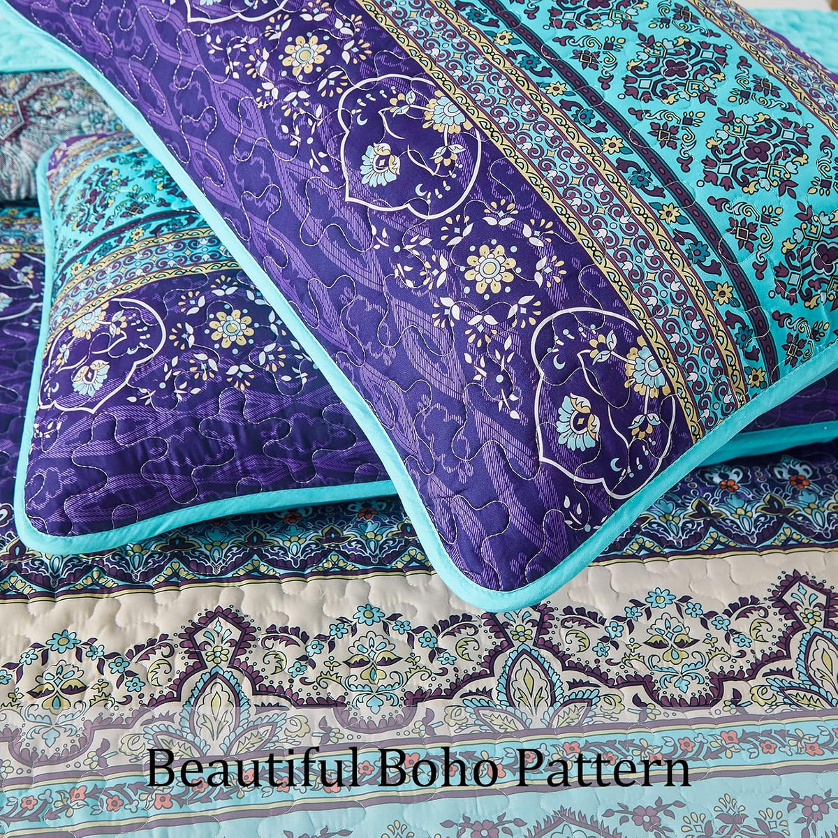 WONGS BEDDING Boho King Quilt Bedding Set, 3 Pieces Soft Bedspread,Blue