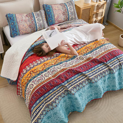 WONGS BEDDING Quilt Set King Size, Boho Stripe Bedding Set, Blue Red
