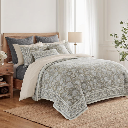 Levtex Home Adare Taupe Reversible King/Cal King Quilt Set (106x92in) and 2 Pillow Shams (36x20in) - Floral Bedding - Taupe White - Cotton King Size Quilt Bedding Set - Lightweight, Soft, Pre-Washed