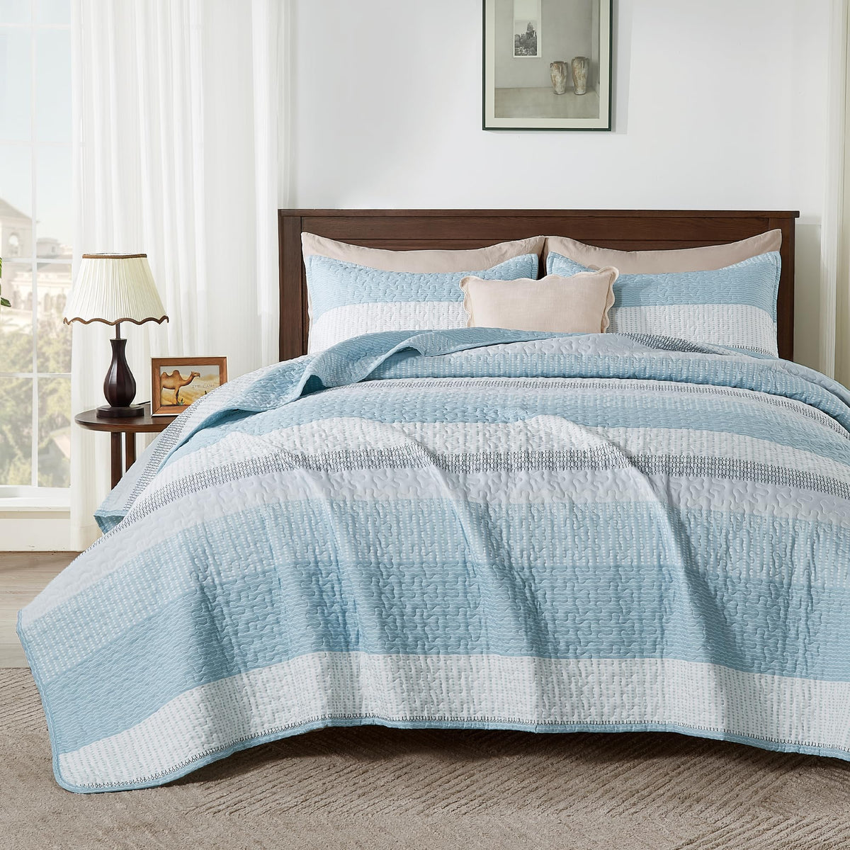 Andency Queen Quilt Bedding Set Sage Green, 3 Pieces Striped Bedspreads