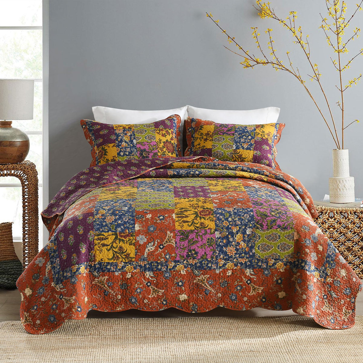 Secgo King Size Comforter Set- 100% Cotton Quilt King Size Set, Green, Sage bedspreads (96 * 108 Inch) with 2 Pillow Shams, Patchwork Reversible Lightweight Bedding