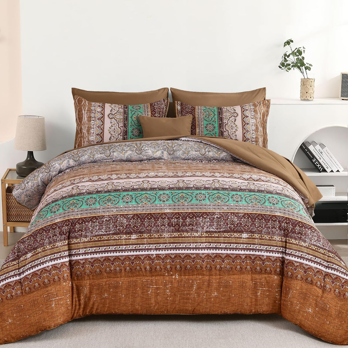 Cottolester Boho Comforter Set Queen Size 8 Piece Bed in a Bag Bohemian Striped Bedding Quilt Set Aqua Paisley Floral Comforter and Sheet Set,Soft Microfiber Complete Bedding Sets for All Season
