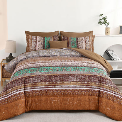 Cottolester Boho Comforter Set Queen Size 8 Piece Bed in a Bag Bohemian Striped Bedding Quilt Set Aqua Paisley Floral Comforter and Sheet Set,Soft Microfiber Complete Bedding Sets for All Season