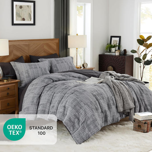 MaiRêve Queen Comforter Set Crinkle Textured Charcoal Grey Bedding 7 Pieces