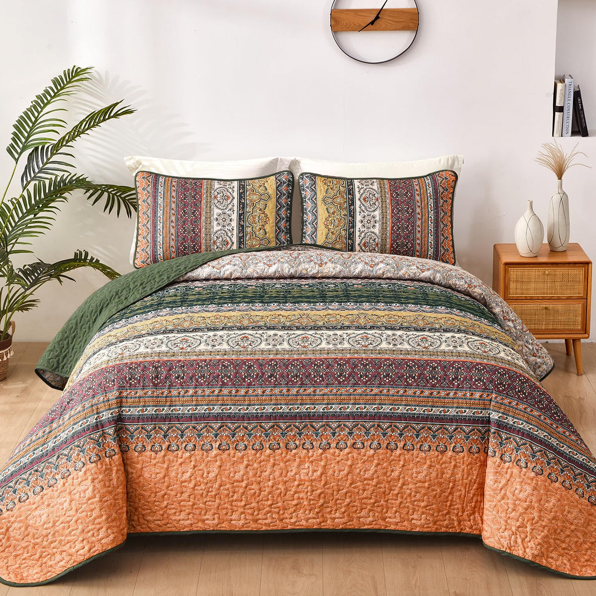 WONGS BEDDING Boho King Quilt Bedding Set, 3 Pieces Soft Bedspread,Blue