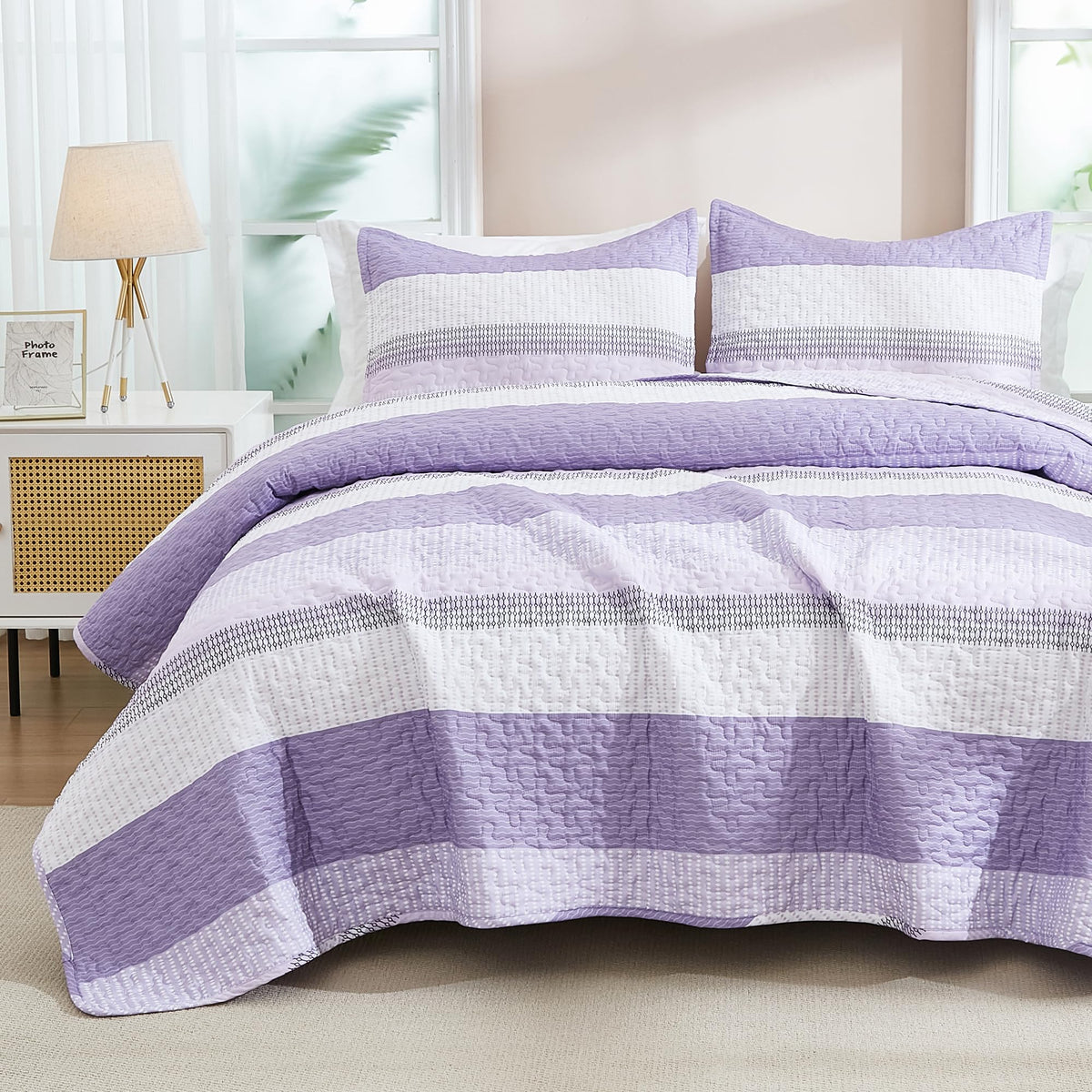 Andency Queen Quilt Bedding Set Sage Green, 3 Pieces Striped Bedspreads