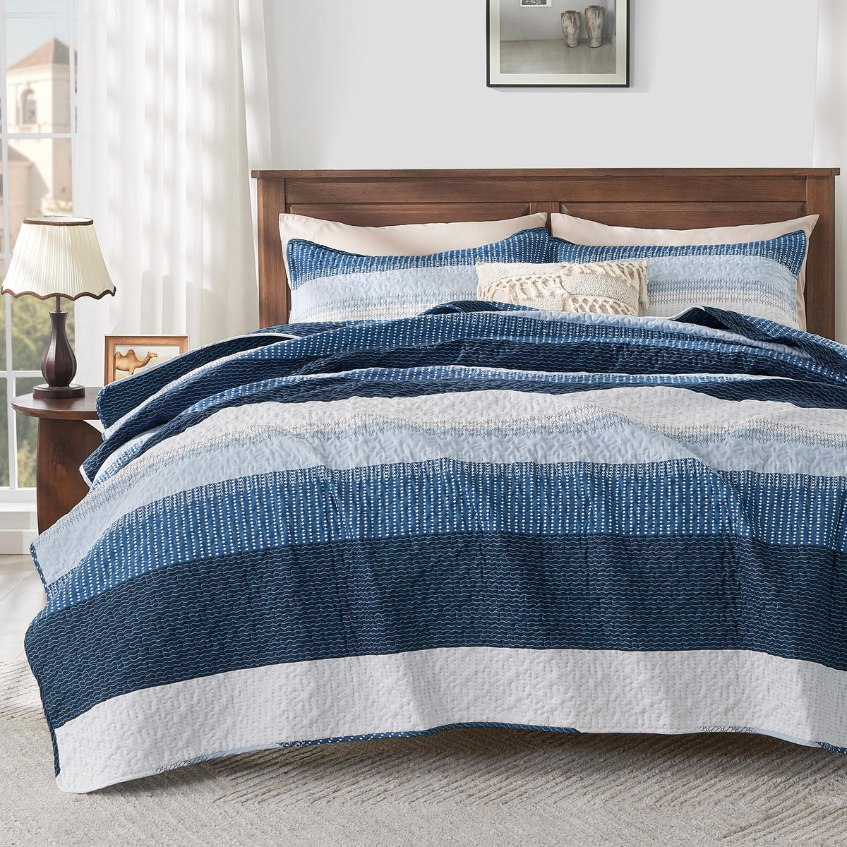 Andency Queen Quilt Bedding Set Sage Green, 3 Pieces Striped Bedspreads