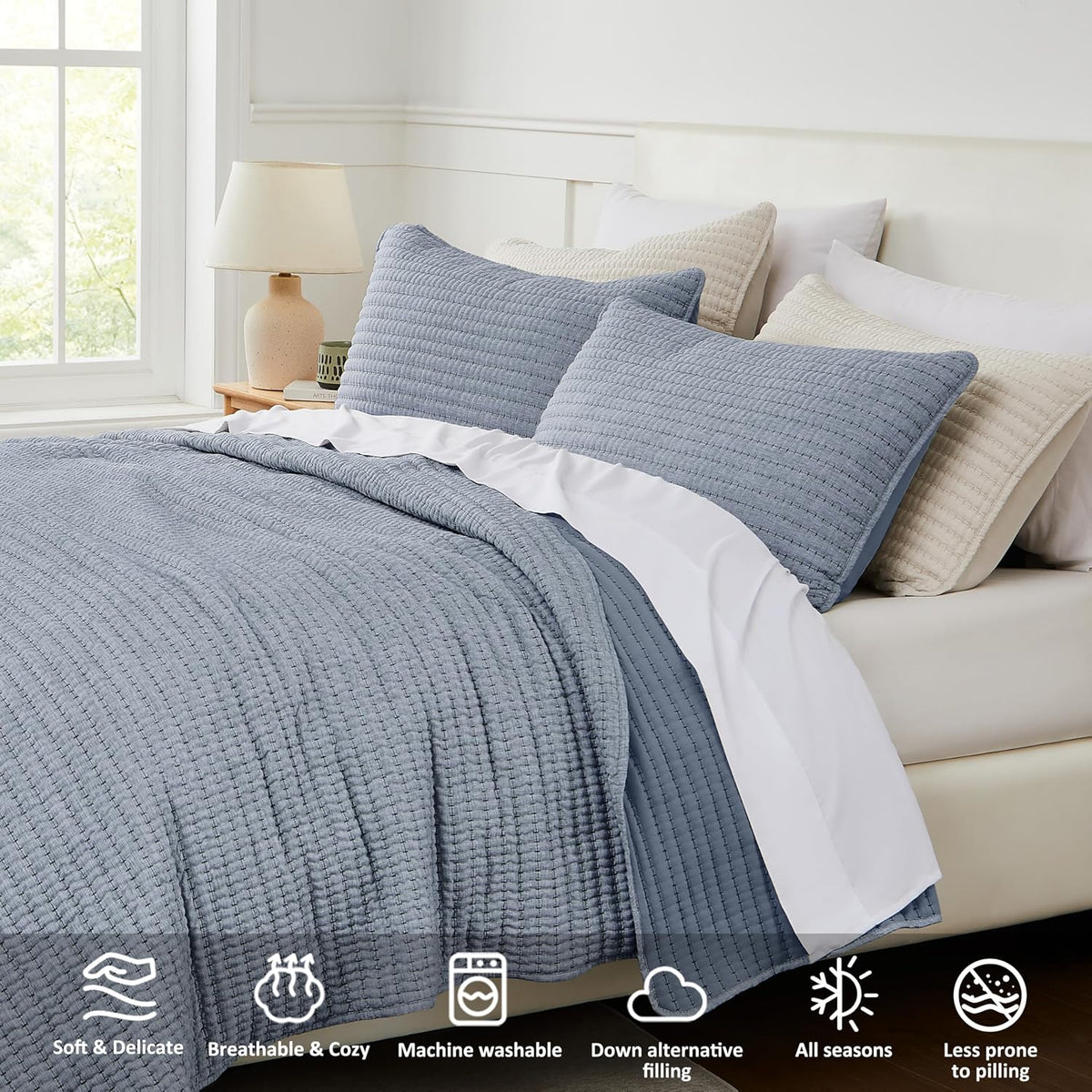 WDCOZY Chambray Blue California King Size Quilt Set 3 Pieces 118x106 inches