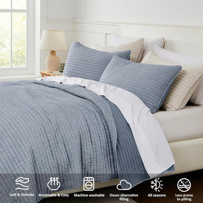 WDCOZY Chambray Blue California King Size Quilt Set 3 Pieces 118x106 inches