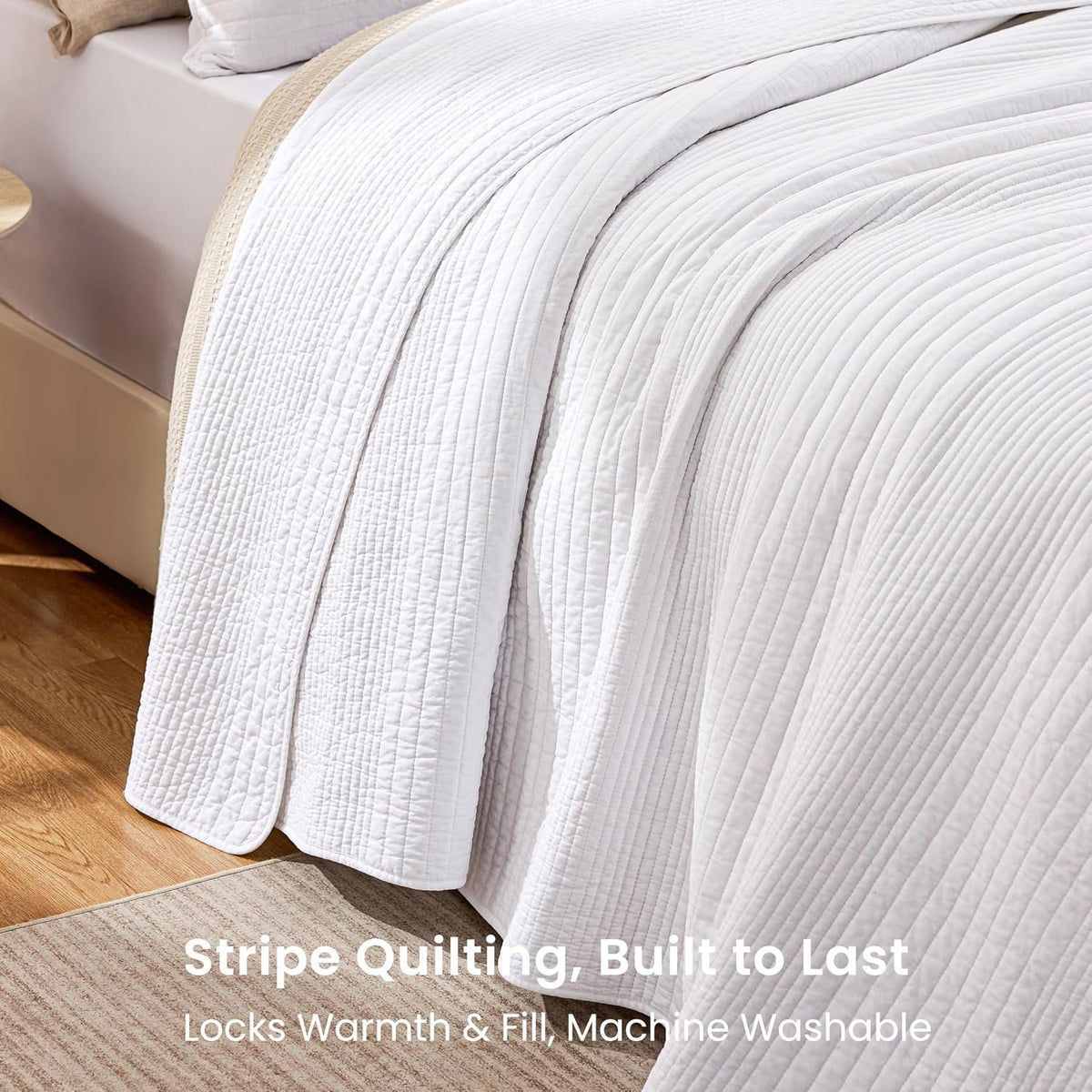 Love's cabin King Size Cotton Quilt Set, 100% Cotton Fabric Striped Textured Coverlet with Crinkled Look, Lightweight Quilted Bedspread for All Season, Includes 2 Pillow Shams, White