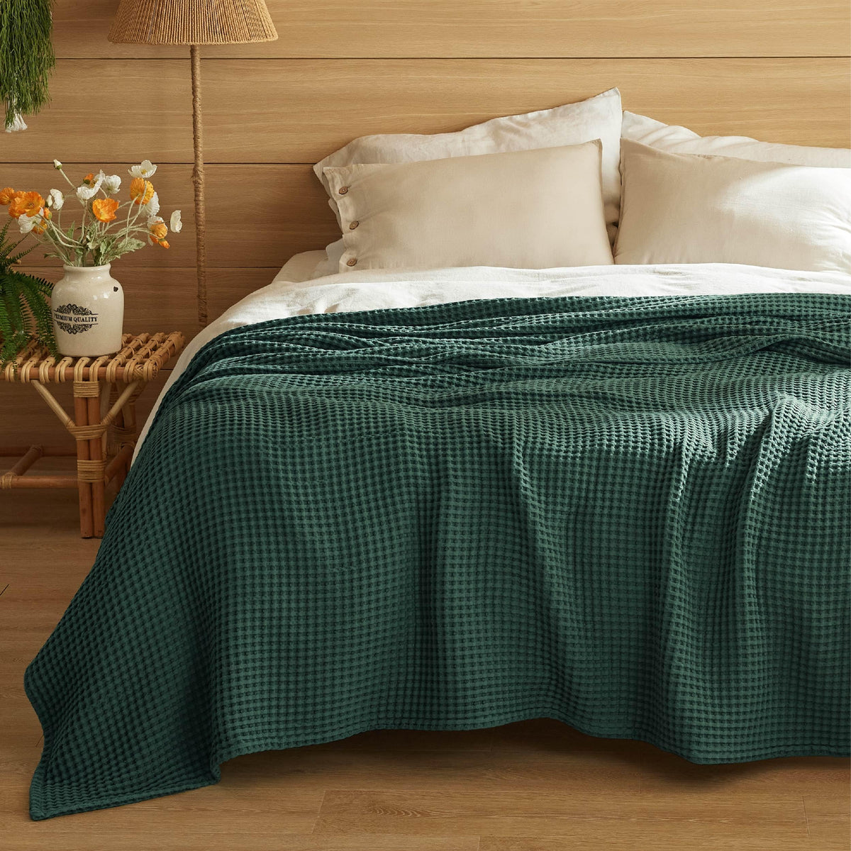 Bedsure Lightweight 100% Cotton Waffle Blanket, King, Linen