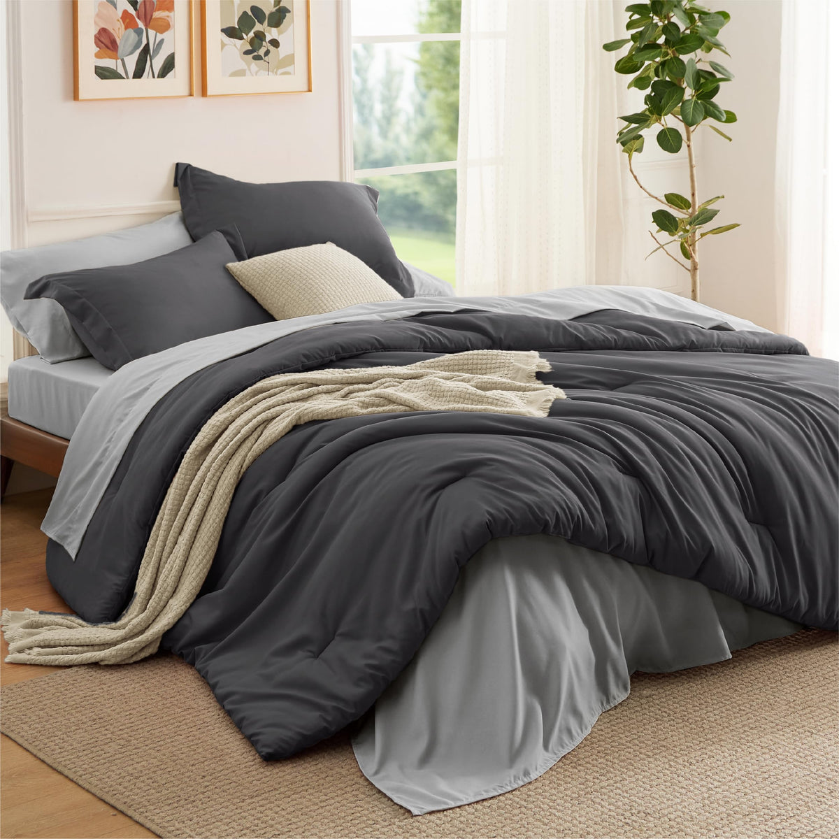 Bedsure Queen Bed in a Bag Grayish Blue Comforter Set Dual-Tone 7 Pieces