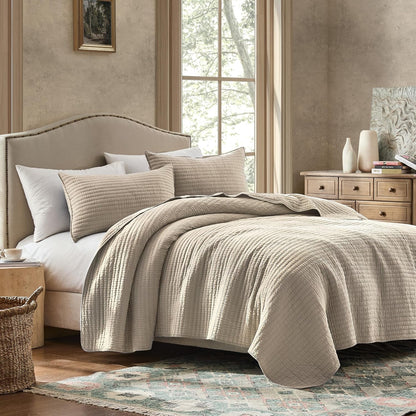 WDCOZY 100% Cotton King Size Quilt Set, Channel Pick Stitch, Beige Flax
