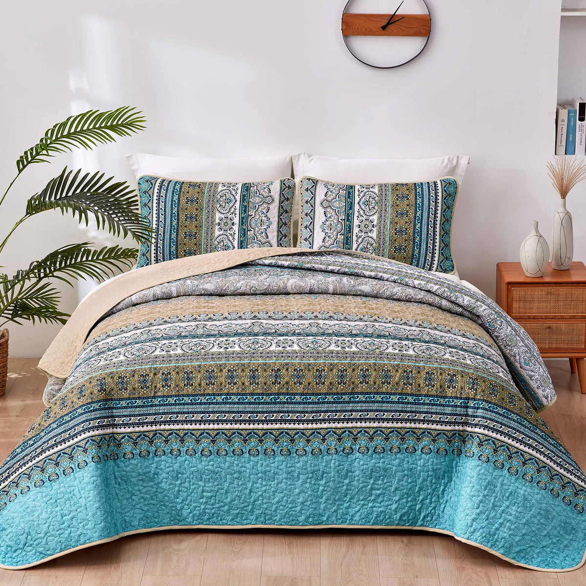 WONGS BEDDING Quilt Set King Size, Boho Stripe Bedding Set, Blue Red